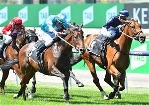 MELBOURNE, AUSTRALIA - MARCH 06: Jamie Kah riding Cumberbatch winning Race 2, the 2021 Lexus Melbourne Cup Tour, during Melbourne Racing at Flemington Racecourse on March 06, 2021 in Melbourne, Australia. (Photo by Vince Caligiuri/Getty Images)