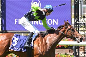 MELBOURNE, AUSTRALIA - MARCH 06: Jamie Mott riding La Rocque to win Race 1, The Tbv Thoroughbred Breeders Stakes, during Melbourne Racing at Flemington Racecourse on March 06, 2021 in Melbourne, Australia. (Photo by Vince Caligiuri/Getty Images)