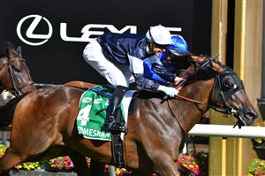MELBOURNE, AUSTRALIA - MARCH 06: Jye McNeil riding Homesman winning Race 8, the Tab Australian Cup, during Melbourne Racing at Flemington Racecourse on March 06, 2021 in Melbourne, Australia. (Photo by Vince Caligiuri/Getty Images)