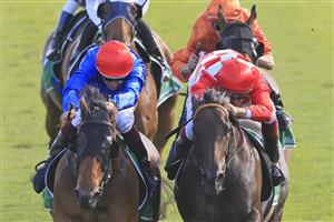 SYDNEY, AUSTRALIA - MARCH 06: Hugh Bowman on Savatiano (L) wins race 8 the Heineken Canterbury Stakes from Regan Bayliss on Mizzy during Sydney Racing at Royal Randwick Racecourse on March 06, 2021 in Sydney, Australia. (Photo by Mark Evans/Getty Images)