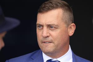 SYDNEY, AUSTRALIA - MARCH 13: Tony Gollan looks on after winning the Coolmore Classic with Krone during Sydney Racing at Rosehill Gardens on March 13, 2021 in Sydney, Australia. (Photo by Mark Evans/Getty Images)
