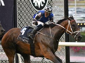 MELBOURNE, AUSTRALIA - MARCH 13: Hugh Bowman riding Mugatoo defeats Damien Oliver riding Russian Camelot in Race 8, the All-star Mile, during Melbourne Racing All-Star Mile Day at Moonee Valley Racecourse on March 13, 2021 in Melbourne, Australia. (Photo by Vince Caligiuri/Getty Images)