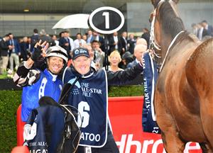 MELBOURNE, AUSTRALIA - MARCH 13: Hugh Bowman after riding Mugatoo to win Race 8, the All-star Mile, during Melbourne Racing All-Star Mile Day at Moonee Valley Racecourse on March 13, 2021 in Melbourne, Australia. (Photo by Vince Caligiuri/Getty Images)