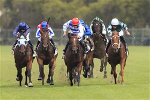 SYDNEY, AUSTRALIA - MARCH 13: James McDonald on Hungry Heart (green/white) wins race 6 the Chandon Phar Lap Stakes during Sydney Racing at Rosehill Gardens on March 13, 2021 in Sydney, Australia. (Photo by Mark Evans/Getty Images)