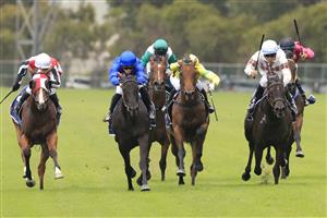 SYDNEY, AUSTRALIA - MARCH 13: James McDonald on Arcaded (blue) wins race 2 the Cerrone Magic Night Stakes during Sydney Racing at Rosehill Gardens on March 13, 2021 in Sydney, Australia. (Photo by Mark Evans/Getty Images)