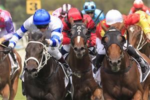 SYDNEY, AUSTRALIA - MARCH 13: Kerrin McEvoy on Shaquero (blue cap) wins race 3 the Bowermans Commercial Furniture Pago Pago Stakes during Sydney Racing at Rosehill Gardens on March 13, 2021 in Sydney, Australia. (Photo by Mark Evans/Getty Images)