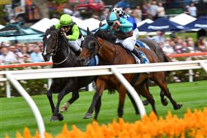 MELBOURNE, AUSTRALIA - MARCH 13: Matthew Cartwright riding Persan defeats Michael Walker riding Irish Flame in Race 3, the Xtreme Freight Handicap, during Melbourne Racing All-Star Mile Day at Moonee Valley Racecourse on March 13, 2021 in Melbourne, Australia. (Photo by Vince Caligiuri/Getty Images)