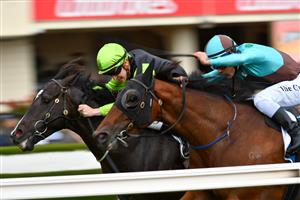 MELBOURNE, AUSTRALIA - MARCH 13: Matthew Cartwright riding Persan defeats Michael Walker riding Irish Flame in Race 3, the Xtreme Freight Handicap, during Melbourne Racing All-Star Mile Day at Moonee Valley Racecourse on March 13, 2021 in Melbourne, Australia. (Photo by Vince Caligiuri/Getty Images)