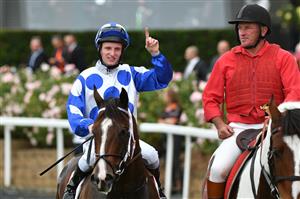 MELBOURNE, AUSTRALIA - MARCH 13: Michael Poy after riding Ancestry to win Race 4, the Ranvet Abell Stakes, during Melbourne Racing All-Star Mile Day at Moonee Valley Racecourse on March 13, 2021 in Melbourne, Australia. (Photo by Vince Caligiuri/Getty Images)