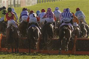 CHELTENHAM, ENGLAND - MARCH 16: A general view as runners in action during The Boodles Juvenile Handicap Hurdle at Cheltenham Racecourse on March 16, 2021 in Cheltenham, England. Sporting venues around the UK remain under strict restrictions due to the Coronavirus Pandemic as Government social distancing laws prohibit spectators inside venues resulting in events being held behind closed doors. (Photo by Alan Crowhurst/Getty Images)