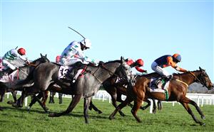 CHELTENHAM, ENGLAND - MARCH 16: Jeff Kidder (R) ridden by Sean Flanagan leads up the home straight to win the Boodles Juvenile Handicap Hurdle (Grade 3) on Day One of the Cheltenham Festival at Cheltenham Racecourse on March 16, 2021 in Cheltenham, England. Sporting venues around the UK remain under strict restrictions due to the Coronavirus Pandemic as Government social distancing laws prohibit spectators inside venues resulting in events being held behind closed doors. (Photo by Michael Steele/Getty Images)