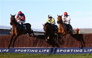 CHELTENHAM, ENGLAND - MARCH 16: Galvin (R) ridden by Jack Kennedy jumps the last to beat Next Destination (C) ridden by Harry Cobden and Escaria Ten (L) ridden by Adrian Heskin in the Sam Vestey National Hunt Challenge Cup Novices' Chase (Grade 2) on Day One of the Cheltenham Festival at Cheltenham Racecourse on March 16, 2021 in Cheltenham, England. Sporting venues around the UK remain under strict restrictions due to the Coronavirus Pandemic as Government social distancing laws prohibit spectators inside venues resulting in events being held behind closed doors. (Photo by Michael Steele/Getty Images)