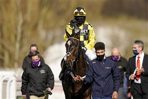 CHELTENHAM, ENGLAND - MARCH 16: Nico de Boinville celebrates after riding Shishkin to win The Sporting Life Arkle Challenge Trophy Novices' Chase at Cheltenham Racecourse on March 16, 2021 in Cheltenham, England. Sporting venues around the UK remain under strict restrictions due to the Coronavirus Pandemic as Government social distancing laws prohibit spectators inside venues resulting in events being held behind closed doors. (Photo by Alan Crowhurst/Getty Images)