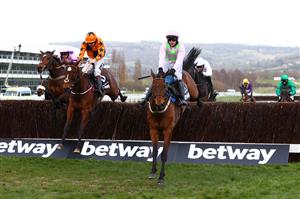 CHELTENHAM, ENGLAND - MARCH 17: (L-R) Greaneteen ridden by Bryony Frost, Put The Kettle On ridden by Aidan Coleman and Chacun Pour Soi ridden by Paul Townend jump a fence during the Betway Queen Mother Champion Chase (Grade 1) race on Day Two of the Cheltenham Festival 2021 at Cheltenham Racecourse on March 17, 2021 in Cheltenham, England. Sporting venues around the UK remain under strict restrictions due to the Coronavirus Pandemic as Government social distancing laws prohibit spectators inside venues resulting in events being held behind closed doors. (Photo by Michael Steele/Getty Images)