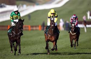 CHELTENHAM, ENGLAND - MARCH 17: Nick Scholfield (C) aboard Sky Pirate on their way to winning the Johnny Henderson Grand Annual Challenge Cup Handicap Chase on day two of the Cheltenham Festival at Cheltenham Racecourse, on March 17, 2021 in Cheltenham, England. Sporting venues around the UK remain under strict restrictions due to the Coronavirus Pandemic as Government social distancing laws prohibit spectators inside venues resulting in events being held behind closed doors. (Photo by Tim Goode - Pool/Getty Images)