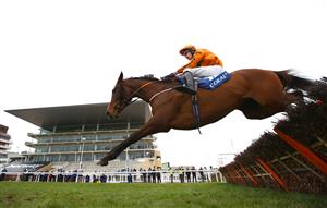 CHELTENHAM, ENGLAND - MARCH 17: Richard Condon ridden by Heaven Help Us jumps a fence during the the Coral Cup Handicap Hurdle (Grade 3) race on Day Two of the Cheltenham Festival 2021 at Cheltenham Racecourse on March 17, 2021 in Cheltenham, England. Sporting venues around the UK remain under strict restrictions due to the Coronavirus Pandemic as Government social distancing laws prohibit spectators inside venues resulting in events being held behind closed doors. (Photo by Michael Steele/Getty Images)