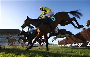 CHELTENHAM, ENGLAND - MARCH 17: Sky Pirate ridden by Nick Scholfield jumps a fence during the Johnny Henderson Grand Annual Challenge Cup Handicap Chase (Grade 3) race on Day Two of the Cheltenham Festival 2021 at Cheltenham Racecourse on March 17, 2021 in Cheltenham, England. Sporting venues around the UK remain under strict restrictions due to the Coronavirus Pandemic as Government social distancing laws prohibit spectators inside venues resulting in events being held behind closed doors. (Photo by Michael Steele/Getty Images)