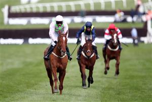 CHELTENHAM, ENGLAND - MARCH 17: Monkfish ridden by Paul Townend on their way to winning the Brown Advisory Novices' Chase on day two of the Cheltenham Festival at Cheltenham Racecourse on March 17, 2021 in Cheltenham, England. Sporting venues around the UK remain under strict restrictions due to the Coronavirus Pandemic as Government social distancing laws prohibit spectators inside venues resulting in events being held behind closed doors. (Photo by Tim Goode - Pool/Getty Images)
