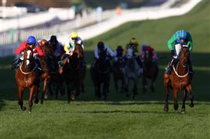 CHELTENHAM, ENGLAND - MARCH 17: Sir Gerhard (L) ridden by Rachael Blackmore wins past Kilcruit (R) ridden by Paul Townend in the Weatherbys Champion Bumper (Grade 1) race on Day Two of the Cheltenham Festival 2021 at Cheltenham Racecourse on March 17, 2021 in Cheltenham, England. Sporting venues around the UK remain under strict restrictions due to the Coronavirus Pandemic as Government social distancing laws prohibit spectators inside venues resulting in events being held behind closed doors. (Photo by Michael Steele/Getty Images)