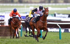 CHELTENHAM, ENGLAND - MARCH 17: Bob Olinger ridden by Rachael Blackmore wins the Ballymore Novices' Hurdle (Grade 1) on Day Two of the Cheltenham Festival 2021 at Cheltenham Racecourse on March 17, 2021 in Cheltenham, England. Sporting venues around the UK remain under strict restrictions due to the Coronavirus Pandemic as Government social distancing laws prohibit spectators inside venues resulting in events being held behind closed doors. (Photo by Michael Steele/Getty Images)