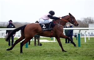 CHELTENHAM, ENGLAND - MARCH 17: Bob Olinger ridden by Rachael Blackmore on their way to winning the Ballymore Novices' Hurdle on day two of the Cheltenham Festival at Cheltenham Racecourse on March 17, 2021 in Cheltenham, England. Sporting venues around the UK remain under strict restrictions due to the Coronavirus Pandemic as Government social distancing laws prohibit spectators inside venues resulting in events being held behind closed doors. (Photo by Tim Goode - Pool/Getty Images)