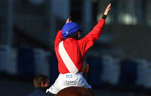 CHELTENHAM, ENGLAND - MARCH 17: Rachael Blackmore (Jockey of Sir Gerhard) celebrates victory after the Weatherbys Champion Bumper (Grade 1) race on Day Two of the Cheltenham Festival 2021 at Cheltenham Racecourse on March 17, 2021 in Cheltenham, England. Sporting venues around the UK remain under strict restrictions due to the Coronavirus Pandemic as Government social distancing laws prohibit spectators inside venues resulting in events being held behind closed doors. (Photo by Michael Steele/Getty Images)