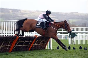 CHELTENHAM, ENGLAND - MARCH 17: Bob Olinger ridden by Rachael Blackmore on their way to winning the Ballymore Novices' Hurdle on day two of the Cheltenham Festival at Cheltenham Racecourse on March 17, 2021 in Cheltenham, England. Sporting venues around the UK remain under strict restrictions due to the Coronavirus Pandemic as Government social distancing laws prohibit spectators inside venues resulting in events being held behind closed doors. (Photo by Tim Goode - Pool/Getty Images)