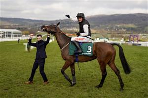 CHELTENHAM, ENGLAND - MARCH 18: Danny Mullins riding Flooring Porter celebrate after winning The Paddy Power Stayers' Hurdle at Cheltenham Racecourse on March 18, 2021 in Cheltenham, England. Sporting venues around the UK remain under strict restrictions due to the Coronavirus Pandemic as Government social distancing laws prohibit spectators inside venues resulting in events being held behind closed doors. (Photo by Alan Crowhurst/Getty Images)