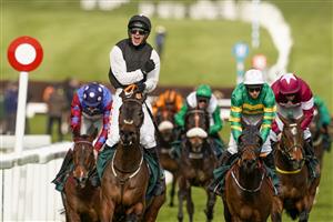 CHELTENHAM, ENGLAND - MARCH 18: Danny Mullins riding Flooring Porter celebrate winning The Paddy Power Stayers' Hurdle at Cheltenham Racecourse on March 18, 2021 in Cheltenham, England. Sporting venues around the UK remain under strict restrictions due to the Coronavirus Pandemic as Government social distancing laws prohibit spectators inside venues resulting in events being held behind closed doors. (Photo by Alan Crowhurst/Getty Images)
