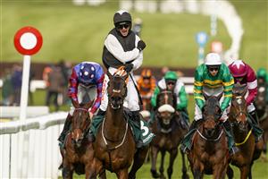 CHELTENHAM, ENGLAND - MARCH 18: Danny Mullins riding Flooring Porter celebrate winning The Paddy Power Stayers' Hurdle at Cheltenham Racecourse on March 18, 2021 in Cheltenham, England. Sporting venues around the UK remain under strict restrictions due to the Coronavirus Pandemic as Government social distancing laws prohibit spectators inside venues resulting in events being held behind closed doors. (Photo by Alan Crowhurst/Getty Images)
