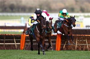 CHELTENHAM, ENGLAND - MARCH 18: Flooring Porter ridden by Danny Mullins clears the last to win the Paddy Power Stayers' Hurdle (Grade 1) during Day Three of the Cheltenham Festival 2021 at Cheltenham Racecourse on March 18, 2021 in Cheltenham, England. Sporting venues around the UK remain under strict restrictions due to the Coronavirus Pandemic as Government social distancing laws prohibit spectators inside venues resulting in events being held behind closed doors. (Photo by Michael Steele/Getty Images)
