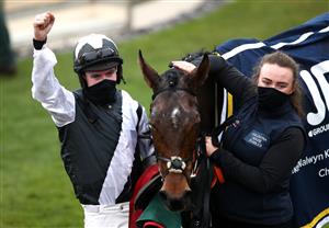 CHELTENHAM, ENGLAND - MARCH 18: Jockey Jack Kennedy celebrates winning The Fulke Walwyn Kim Muir Challenge Cup Handicap Chase on Mount Ida during day three of the Cheltenham Festival at Cheltenham Racecourse on March 18, 2021 in Cheltenham, England. Sporting venues around the UK remain under strict restrictions due to the Coronavirus Pandemic as Government social distancing laws prohibit spectators inside venues resulting in events being held behind closed doors. (Photo by Tim Goode-Pool/Getty Images)