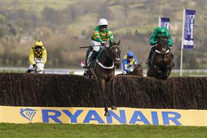 CHELTENHAM, ENGLAND - MARCH 18: Nico de Boinville riding Chantry House (white cap) clear the last to win The Marsh Novices' Chase at Cheltenham Racecourse on March 18, 2021 in Cheltenham, England. Sporting venues around the UK remain under strict restrictions due to the Coronavirus Pandemic as Government social distancing laws prohibit spectators inside venues resulting in events being held behind closed doors. (Photo by Alan Crowhurst/Getty Images)