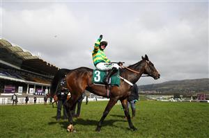 CHELTENHAM, ENGLAND - MARCH 18: Nico de Boinville celebrates after riding Chantry House to win the Marsh Novices' Chase during Day Three of the Cheltenham Festival 2021 at Cheltenham Racecourse on March 18, 2021 in Cheltenham, England. Sporting venues around the UK remain under strict restrictions due to the Coronavirus Pandemic as Government social distancing laws prohibit spectators inside venues resulting in events being held behind closed doors. (Photo by Michael Steele/Getty Images)