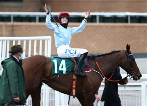 CHELTENHAM, ENGLAND - MARCH 18: Rachael Blackmore celebrates after riding Telmesomethinggirl to win the Parnell Properties Mares' Novices' Hurdle (Grade 2) during Day Three of the Cheltenham Festival 2021 at Cheltenham Racecourse on March 18, 2021 in Cheltenham, England. Sporting venues around the UK remain under strict restrictions due to the Coronavirus Pandemic as Government social distancing laws prohibit spectators inside venues resulting in events being held behind closed doors. (Photo by Michael Steele/Getty Images)