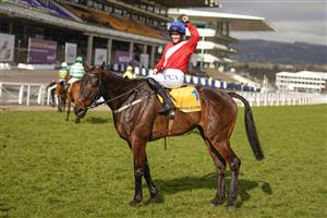 CHELTENHAM, ENGLAND - MARCH 18: Rachael Blackmore celebrates after riding Allaho to win The Ryanair Chase at Cheltenham Racecourse on March 18, 2021 in Cheltenham, England. Sporting venues around the UK remain under strict restrictions due to the Coronavirus Pandemic as Government social distancing laws prohibit spectators inside venues resulting in events being held behind closed doors. (Photo by Alan Crowhurst/Getty Images)