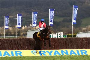 CHELTENHAM, ENGLAND - MARCH 18: Allaho ridden by Rachael Blackmore jumps the last to win the Ryanair Chase (Grade 1) during Day Three of the Cheltenham Festival 2021 at Cheltenham Racecourse on March 18, 2021 in Cheltenham, England. Sporting venues around the UK remain under strict restrictions due to the Coronavirus Pandemic as Government social distancing laws prohibit spectators inside venues resulting in events being held behind closed doors. (Photo by Michael Steele/Getty Images)