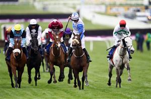 CHELTENHAM, ENGLAND - MARCH 19: Belfast Banter ridden by Kevin Sexton (centre) on their way to winning the McCoy Contractors County Handicap Hurdle on day four of the Cheltenham Festival at Cheltenham Racecourse on March 19, 2021 in Cheltenham, England. Sporting venues around the UK remain under strict restrictions due to the Coronavirus Pandemic as Government social distancing laws prohibit spectators inside venues resulting in events being held behind closed doors. (Photo by Tim Goode - Pool / Getty Images)