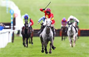CHELTENHAM, ENGLAND - MARCH 19: Vanillier ridden by Jonathan Moore races to the finish line during the Albert Bartlett Novices' Hurdle (Grade 1) race on Day Four of the Cheltenham Festival 2021 at Cheltenham Racecourse on March 19, 2021 in Cheltenham, England. Sporting venues around the UK remain under strict restrictions due to the Coronavirus Pandemic as Government social distancing laws prohibit spectators inside venues resulting in events being held behind closed doors. (Photo by Michael Steele/Getty Images)