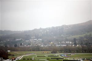 CHELTENHAM, ENGLAND - MARCH 19: A general with horses on the gallops and the Malvern Hills in the distance ahead of day four of the Cheltenham Festival at Cheltenham Racecourse on March 19, 2021 in Cheltenham, England. Sporting venues around the UK remain under strict restrictions due to the Coronavirus Pandemic as Government social distancing laws prohibit spectators inside venues resulting in events being held behind closed doors. (Photo by Tim Goode - Pool/Getty Images)