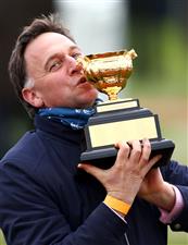 CHELTENHAM, ENGLAND - MARCH 19: Henry De Bromhead, trainer of Minella Indo celebrates winning the Gold Cup after the WellChild Cheltenham Gold Cup Chase (Grade 1) race on Day Four of the Cheltenham Festival 2021 at Cheltenham Racecourse on March 19, 2021 in Cheltenham, England. Sporting venues around the UK remain under strict restrictions due to the Coronavirus Pandemic as Government social distancing laws prohibit spectators inside venues resulting in events being held behind closed doors. (Photo by Michael Steele/Getty Images)
