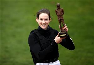 CHELTENHAM, ENGLAND - MARCH 19: Rachel Blackmore poses with The Ruby Walsh Trophy during day four of the Cheltenham Festival at Cheltenham Racecourse on March 19, 2021 in Cheltenham, England. Sporting venues around the UK remain under strict restrictions due to the Coronavirus Pandemic as Government social distancing laws prohibit spectators inside venues resulting in events being held behind closed doors. (Photo by Tim Goode - Pool/Getty Images)