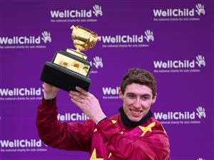 CHELTENHAM, ENGLAND - MARCH 19: Jack Kennedy (jockey of Minella Indo) celebrates winning the Gold Cup after the WellChild Cheltenham Gold Cup Chase (Grade 1) race on Day Four of the Cheltenham Festival 2021 at Cheltenham Racecourse on March 19, 2021 in Cheltenham, England. Sporting venues around the UK remain under strict restrictions due to the Coronavirus Pandemic as Government social distancing laws prohibit spectators inside venues resulting in events being held behind closed doors. (Photo by Michael Steele/Getty Images)