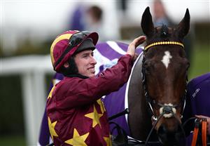 CHELTENHAM, ENGLAND - MARCH 19: Minella Indo ridden by Jack Kennedy celebrates after winning the WellChild Cheltenham Gold Cup Chase on day four of the Cheltenham Festival at Cheltenham Racecourse on March 19, 2021 in Cheltenham, England. Sporting venues around the UK remain under strict restrictions due to the Coronavirus Pandemic as Government social distancing laws prohibit spectators inside venues resulting in events being held behind closed doors. (Photo by Tim Goode - Pool/Getty Images)