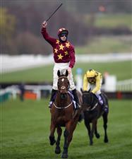 CHELTENHAM, ENGLAND - MARCH 19: Minella Indo ridden by Jack Kennedy celebrates after winning the WellChild Cheltenham Gold Cup Chase on day four of the Cheltenham Festival at Cheltenham Racecourse on March 19, 2021 in Cheltenham, England. Sporting venues around the UK remain under strict restrictions due to the Coronavirus Pandemic as Government social distancing laws prohibit spectators inside venues resulting in events being held behind closed doors. (Photo by Tim Goode - Pool/Getty Images)