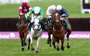CHELTENHAM, ENGLAND - MARCH 19: Colreevy ridden by Paul Townend (R) competes against Elimay ridden by Mark Walsh (L) during the Mrs Paddy Power Mares' Chase (Registered As The Liberthine Mares' Chase) (Grade 2) race on Day Four of the Cheltenham Festival 2021 at Cheltenham Racecourse on March 19, 2021 in Cheltenham, England. Sporting venues around the UK remain under strict restrictions due to the Coronavirus Pandemic as Government social distancing laws prohibit spectators inside venues resulting in events being held behind closed doors. (Photo by Michael Steele/Getty Images)