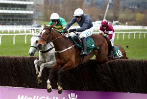 CHELTENHAM, ENGLAND - MARCH 19: Colreevy ridden by Paul Townend (front) jumps the last on the way to winning The Mrs Paddy Power MaresÕ Chase during day four of the Cheltenham Festival at Cheltenham Racecourse on March 19, 2021 in Cheltenham, England. Sporting venues around the UK remain under strict restrictions due to the Coronavirus Pandemic as Government social distancing laws prohibit spectators inside venues resulting in events being held behind closed doors. (Photo by Tim Goode - Pool/Getty Images)