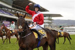 CHELTENHAM, ENGLAND - MARCH 19: Rachael Blackmore celebrates after riding Quilixios to win The JCB Triumph Hurdle making it her sixth winner of the festival at Cheltenham Racecourse on March 19, 2021 in Cheltenham, England. Sporting venues around the UK remain under strict restrictions due to the Coronavirus Pandemic as Government social distancing laws prohibit spectators inside venues resulting in events being held behind closed doors. (Photo by Alan Crowhurst/Getty Images)