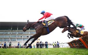 CHELTENHAM, ENGLAND - MARCH 19: Quilixios ridden by Rachael Blackmore jumps the last fence while on the way to victory during the JCB Triumph Hurdle (Grade 1) race on Day Four of the Cheltenham Festival 2021 at Cheltenham Racecourse on March 19, 2021 in Cheltenham, England. Sporting venues around the UK remain under strict restrictions due to the Coronavirus Pandemic as Government social distancing laws prohibit spectators inside venues resulting in events being held behind closed doors. (Photo by Michael Steele/Getty Images)