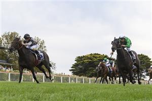 MELBOURNE, AUSTRALIA - MARCH 20: Will Price riding Flandersrain (L) winning Race 9, the Catanachs Jewellers Handicap, during Melbourne Racing at Mornington Racecourse on March 20, 2021 in Melbourne, Australia. (Photo by Vince Caligiuri/Getty Images)